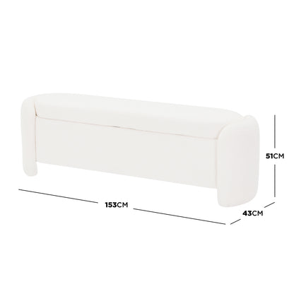 Wynne Fabric Storage Ottoman Bench Seat in Cream White, featuring an elongated, off-white bouclé fabric with rounded ends, hidden storage, and dimensions: 153 cm wide, 43 cm deep, 51 cm high.