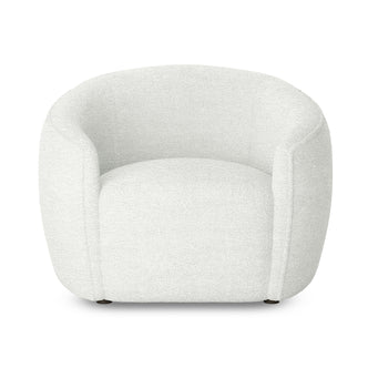 Yara Bouclé Accent Chair in Cream White features a low-slung design with a rounded back and integrated armrests, upholstered in textured bouclé fabric, offering a minimalist, modern silhouette with hidden legs.