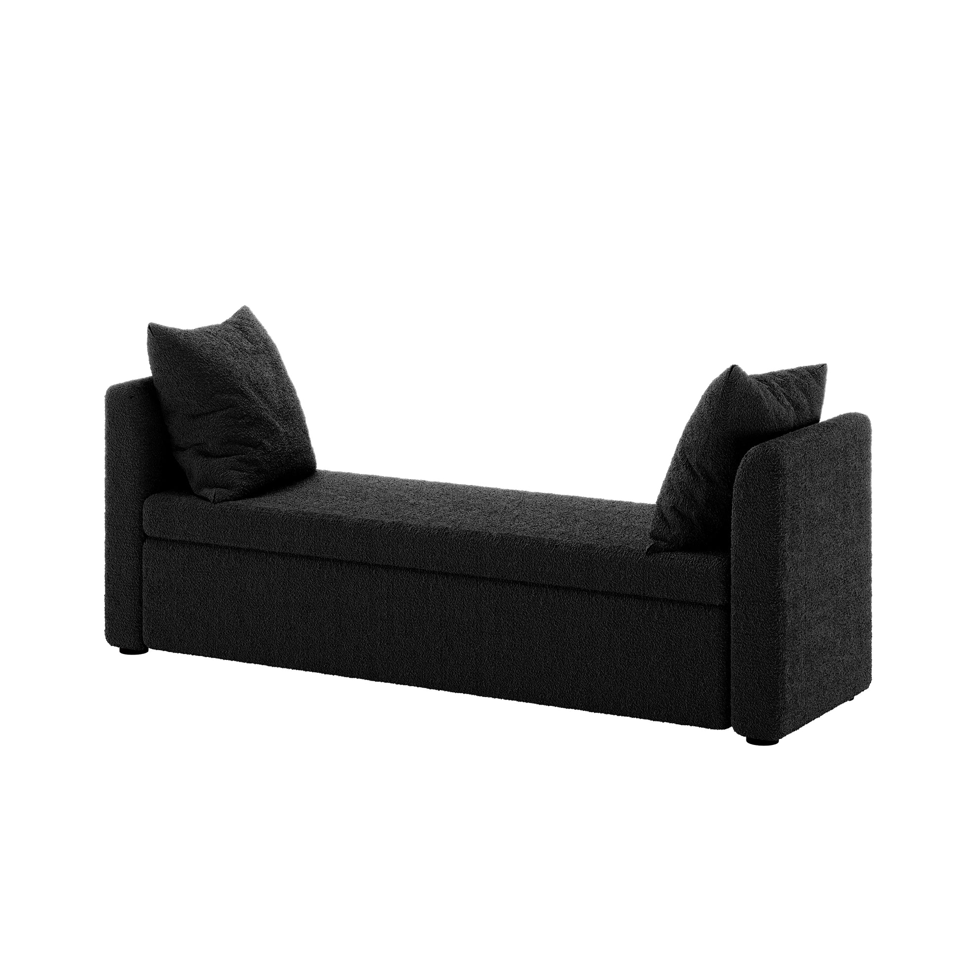 Zamira Large Boucle Storage Ottoman Bench in Charcoal, featuring a minimalist design with rectangular seat, low squared armrests, and matching cushions, offering sleek storage functionality with hidden compartment beneath the seat.