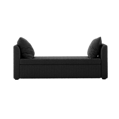 Zamira Large Boucle Storage Ottoman Bench in Charcoal features a modern design with a textured fabric, rectangular seat, cylindrical feet, raised side panels, and loose cushions, offering hidden storage and minimalist elegance.