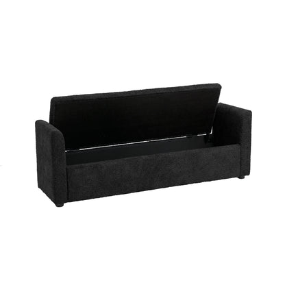 Zamira Large Boucle Storage Ottoman Bench features a lifted hinged top, revealing an empty storage compartment. The sleek, upholstered design is visually highlighted, showcasing its modern functionality and minimalist appeal.