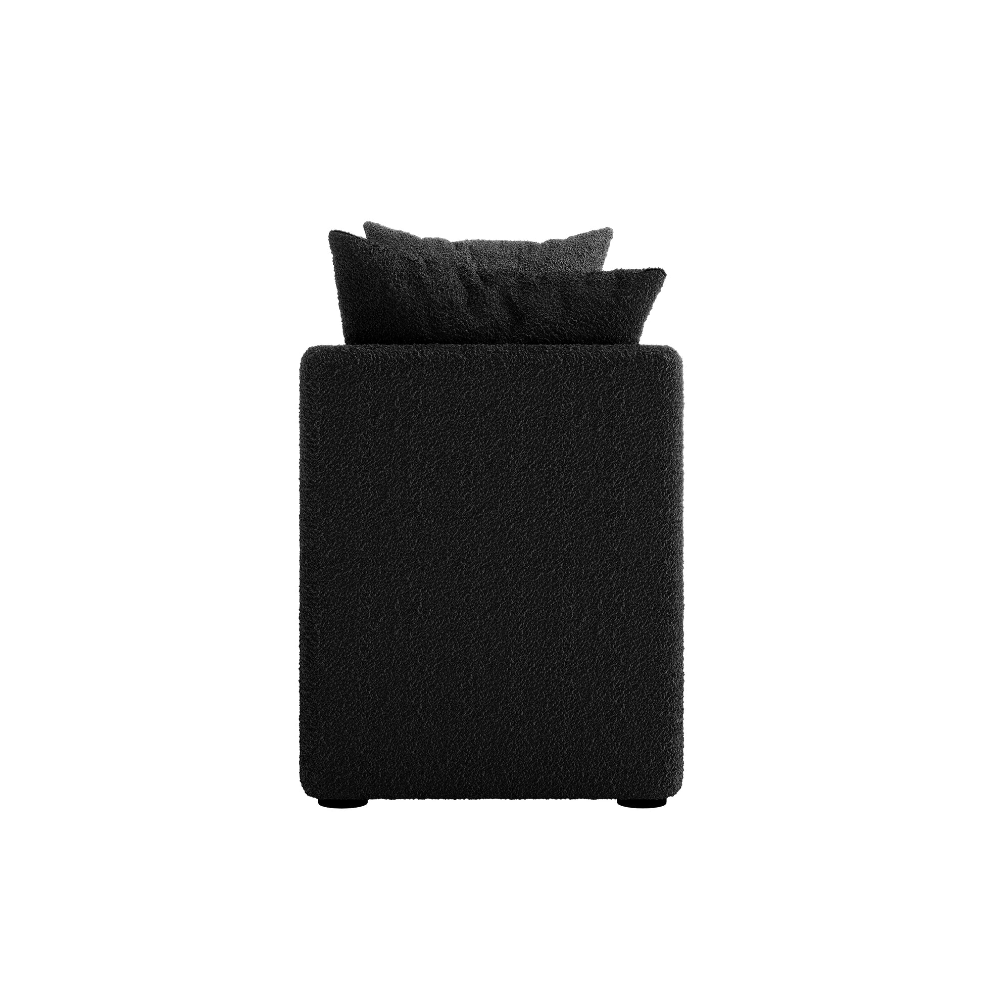 Zamira Large Boucle Storage Ottoman Bench in Charcoal, showcasing a box-shaped upholstered seat with matching throw pillows, set against a white background, highlighting its modern, minimalist design and functional storage feature.