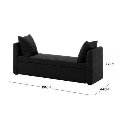 Zamira Large Boucle Storage Ottoman Bench in Charcoal: A low, upholstered bench/daybed with upturned arms, two loose back-cushions, and key dimensions overlaid, featuring sleek design and hidden storage.