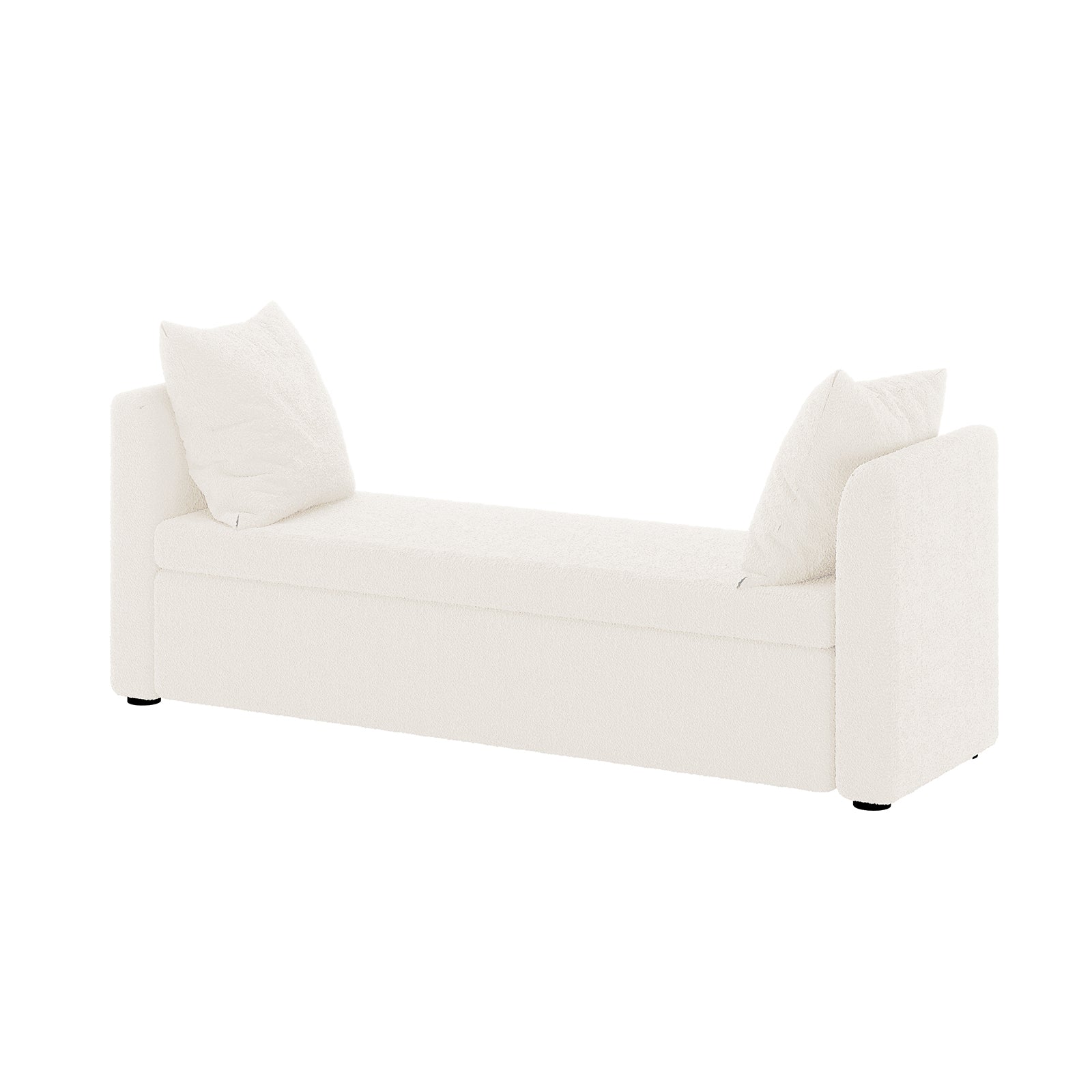 Zamira Large Boucle Storage Ottoman Bench in Cream White, featuring a low-profile design with off-white bouclé upholstery, two loose back cushions, and a minimalist rectangular seat with side panels.