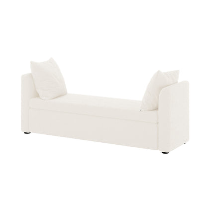 Zamira Large Boucle Storage Ottoman Bench in Cream White, featuring a low-profile design with off-white bouclé upholstery, two loose back cushions, and a minimalist rectangular seat with side panels.