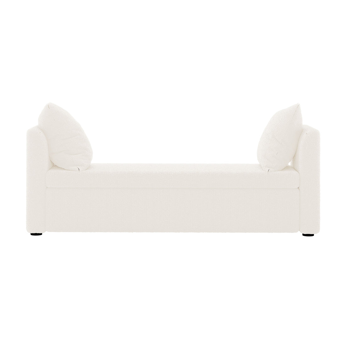 Zamira Large Boucle Storage Ottoman Bench in Cream White; minimalist design with squared-off arms, soft boucle upholstery, matching toss pillows, and hidden storage under the seat for modern interiors.