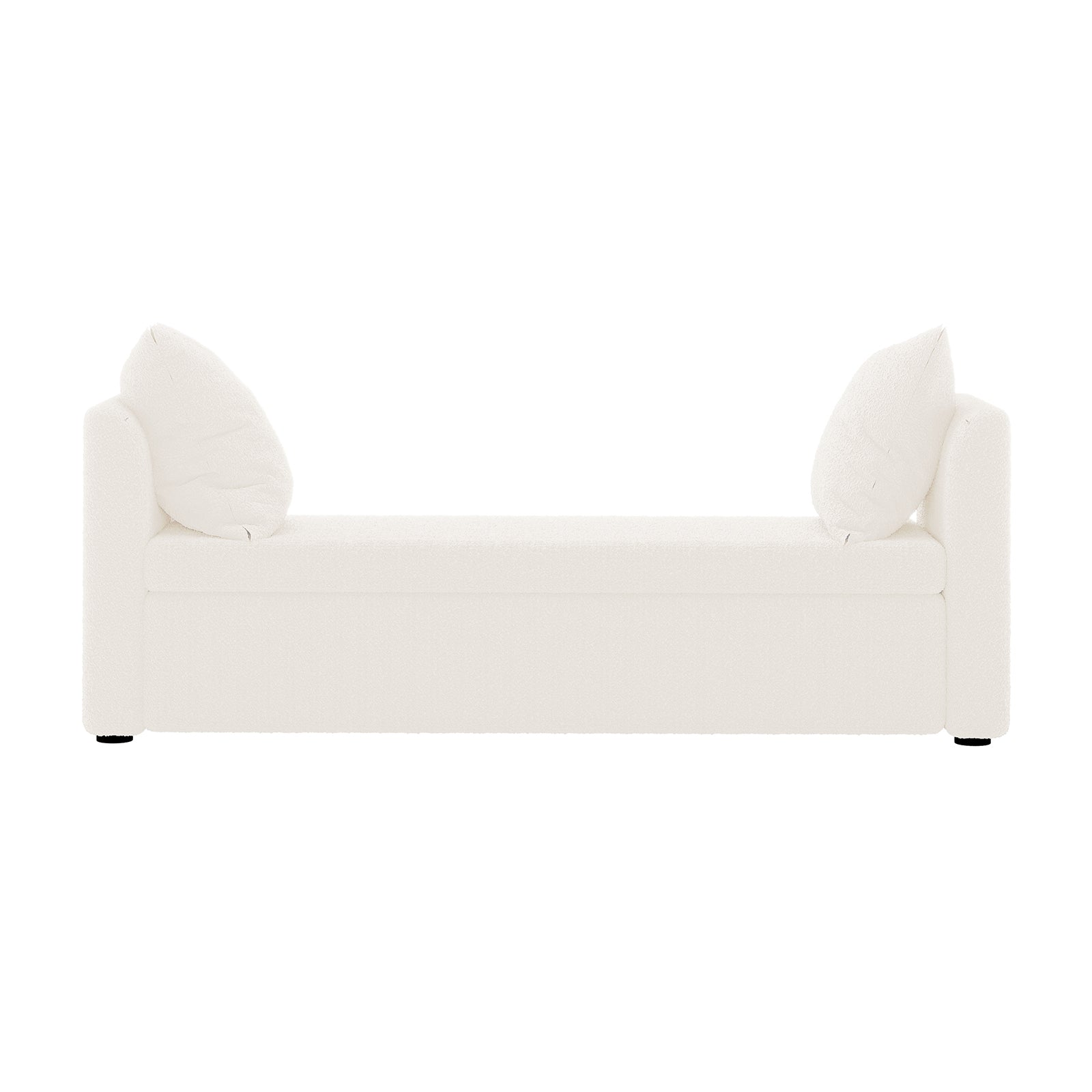 Zamira Large Boucle Storage Ottoman Bench in Cream White; minimalist design with squared-off arms, soft boucle upholstery, matching toss pillows, and hidden storage under the seat for modern interiors.