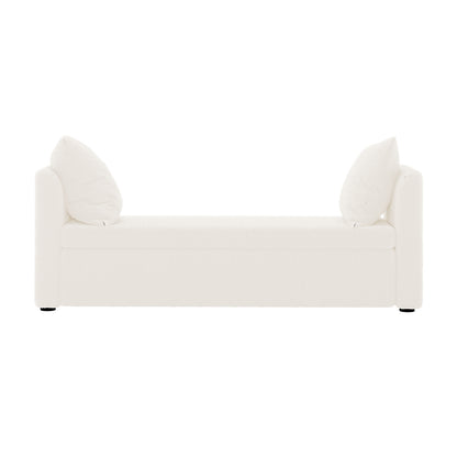 Zamira Large Boucle Storage Ottoman Bench in Cream White; minimalist design with squared-off arms, soft boucle upholstery, matching toss pillows, and hidden storage under the seat for modern interiors.