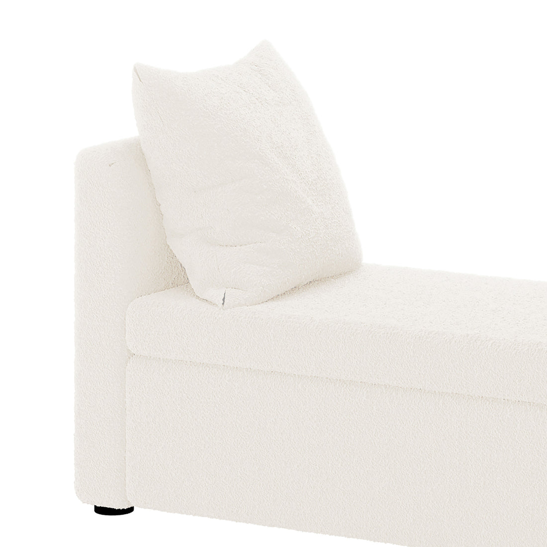 Zamira Large Boucle Storage Ottoman Bench in Cream White, featuring soft, nubby texture fabric, matching back cushion, and black foot peeking out, offering elegance and hidden storage for modern spaces.