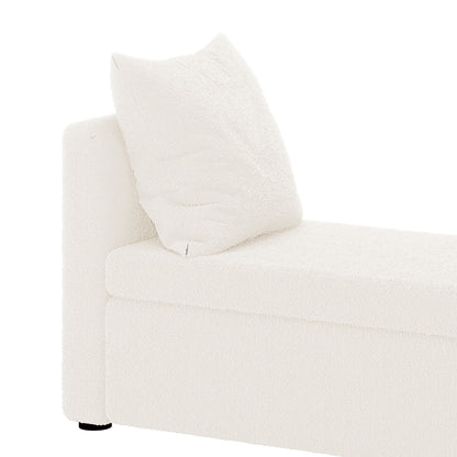 Zamira Large Boucle Storage Ottoman Bench in Cream White, featuring soft, nubby texture fabric, matching back cushion, and black foot peeking out, offering elegance and hidden storage for modern spaces.