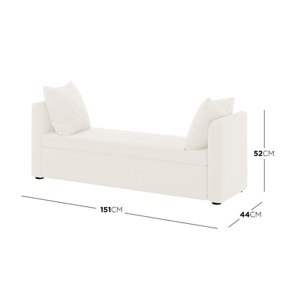 Zamira Large Boucle Storage Ottoman Bench in Cream White features a plush, cream boucle fabric, short squared-off arms, two loose cushions, and dimension lines indicating 151 cm length with hidden storage beneath.