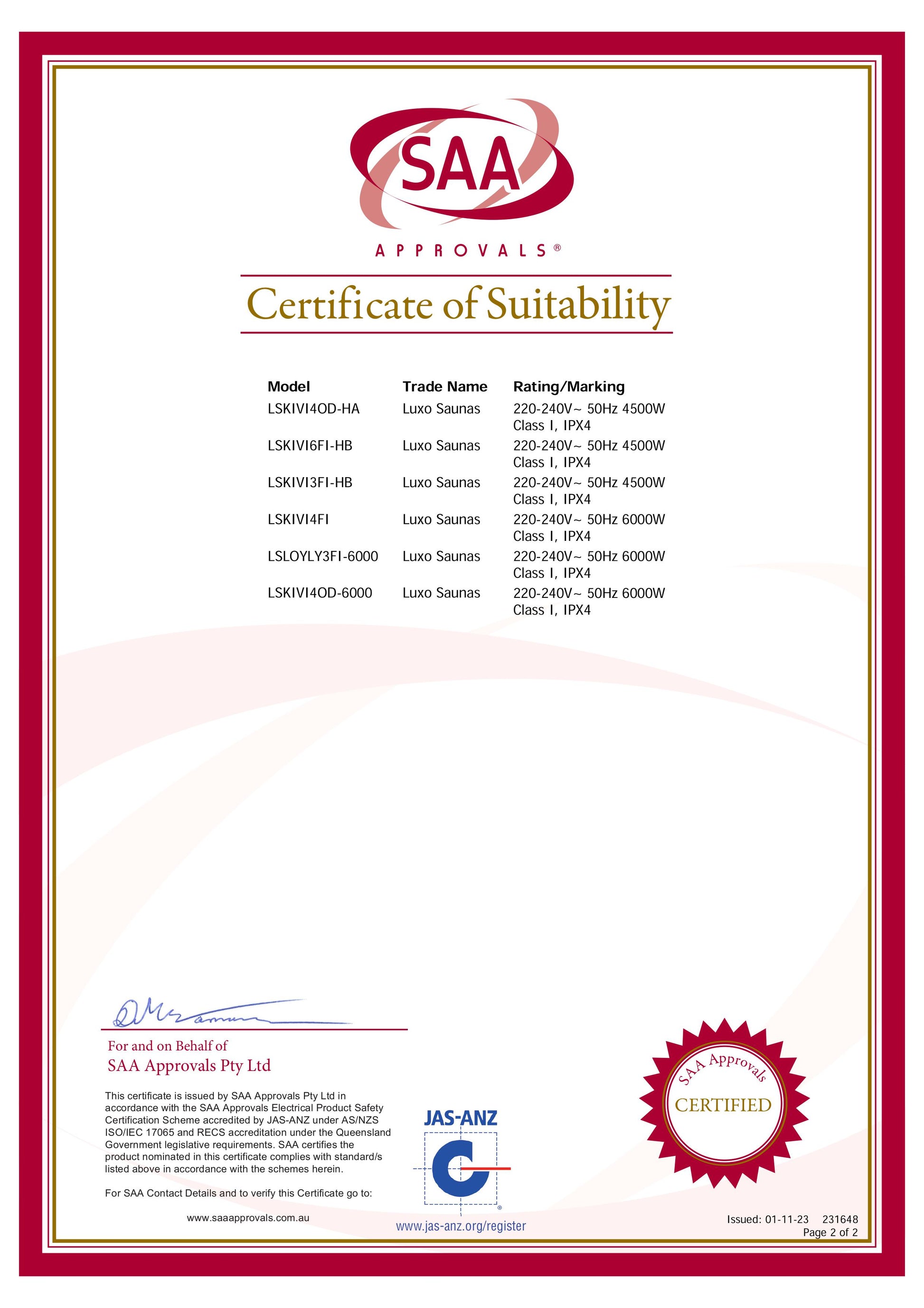 Certificate of Suitability for Kivi 4 Person Traditional Stove Finnish Indoor Home Sauna by Luxo Saunas, listing six models, safety ratings, and certification details, issued by SAA Approvals Pty Ltd.