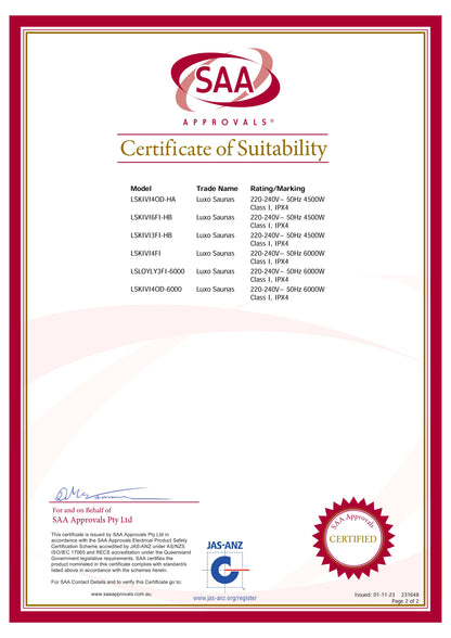 Certificate of Suitability for Kivi 4 Person Traditional Stove Finnish Indoor Home Sauna by Luxo Saunas, listing six models, safety ratings, and certification details, issued by SAA Approvals Pty Ltd.