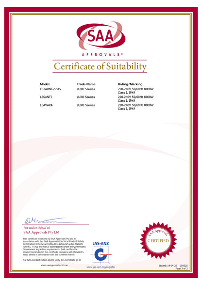 Tarni 4 Person Traditional Finnish Outdoor Sauna with modern arched design, durable Fir Wood, 6mm tempered glass door, and 8kw Davey stove, certified to AS/NZS safety standards for home use.