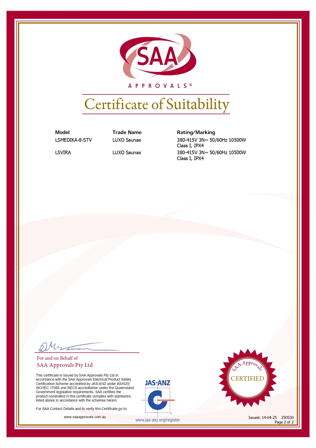 Medika 8 Person Traditional Finnish Outdoor Home Sauna certificate; features SAA Approvals logo, model numbers, trade name Luxo Saunas, certification details, and compliance seals, confirming adherence to Australian safety standards.