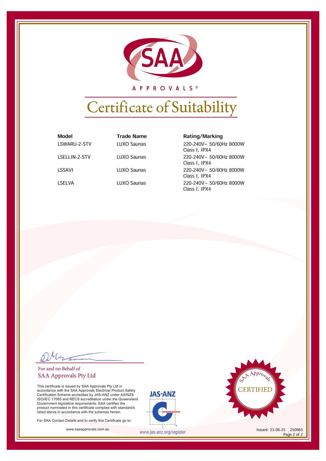 Certificate of Suitability for Waru 3 Person Traditional Finnish Outdoor Sauna, featuring SAA Approvals, model details, and safety ratings. Includes signatures, accreditation marks, and compliance information for Australian standards.