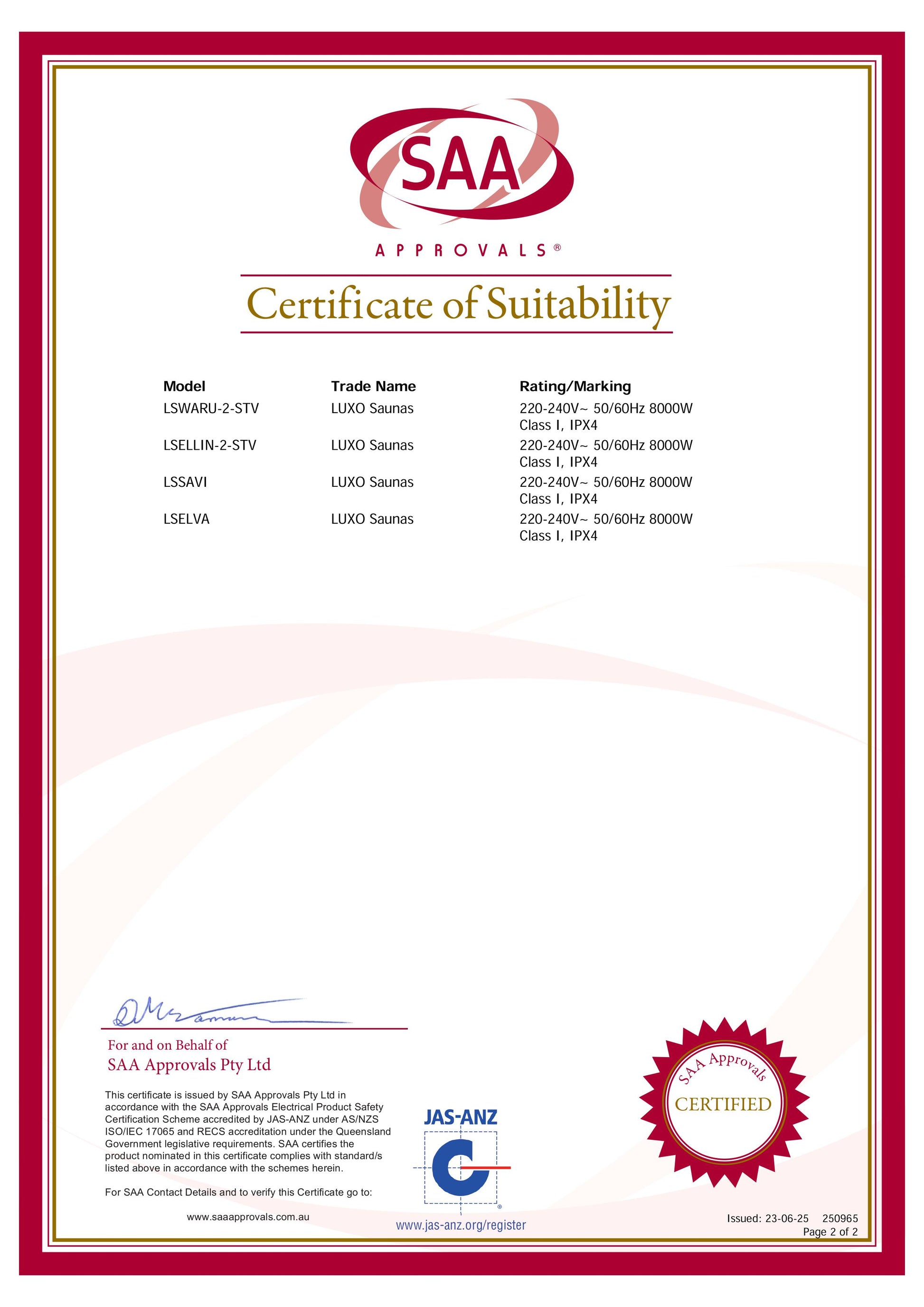 Certificate of Suitability for Waru 3 Person Traditional Finnish Outdoor Sauna, featuring SAA Approvals, model details, and safety ratings. Includes signatures, accreditation marks, and compliance information for Australian standards.