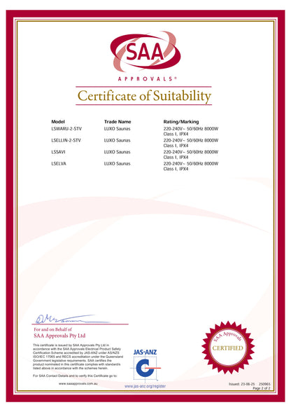 Certificate of Suitability for Waru 3 Person Traditional Finnish Outdoor Sauna, featuring SAA Approvals, model details, and safety ratings. Includes signatures, accreditation marks, and compliance information for Australian standards.