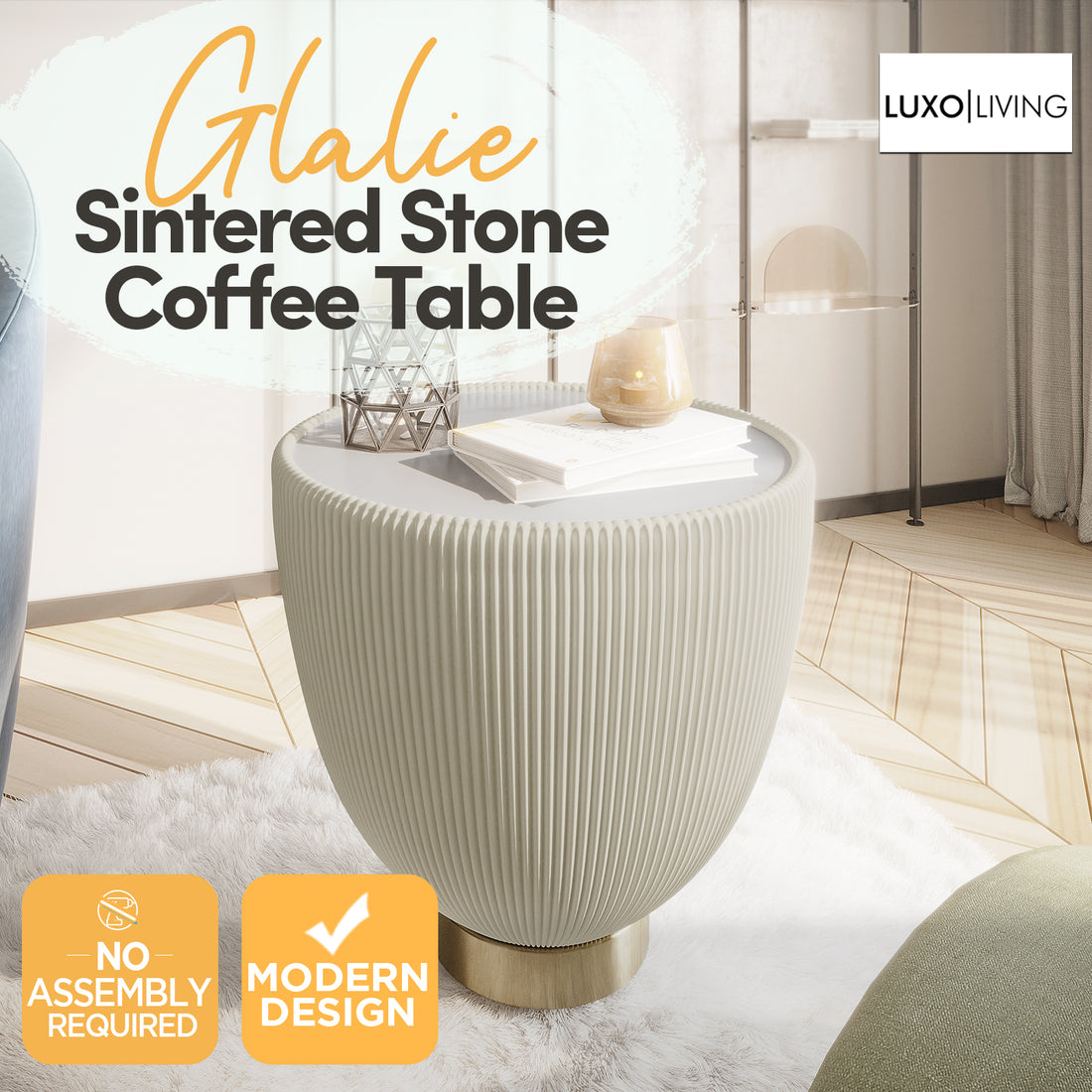Glalie Sintered Stone Coffee Table Set in Cream White features a round, pleated tabletop on a gold-tone base, styled with décor items on a fluffy rug in a minimal living room.