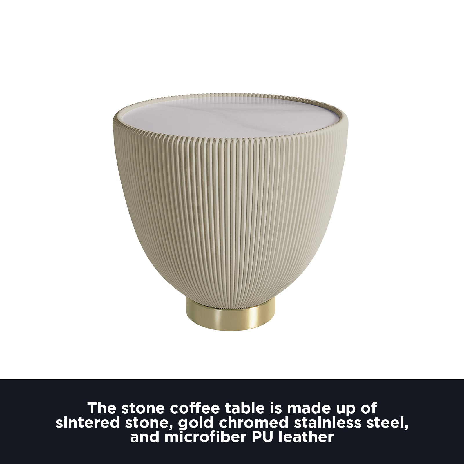 Glalie Sintered Stone Coffee Table Set in Cream White features a bowl-shaped design with ribbed beige sides, a smooth sintered stone top, and a gold-chromed stainless-steel base.