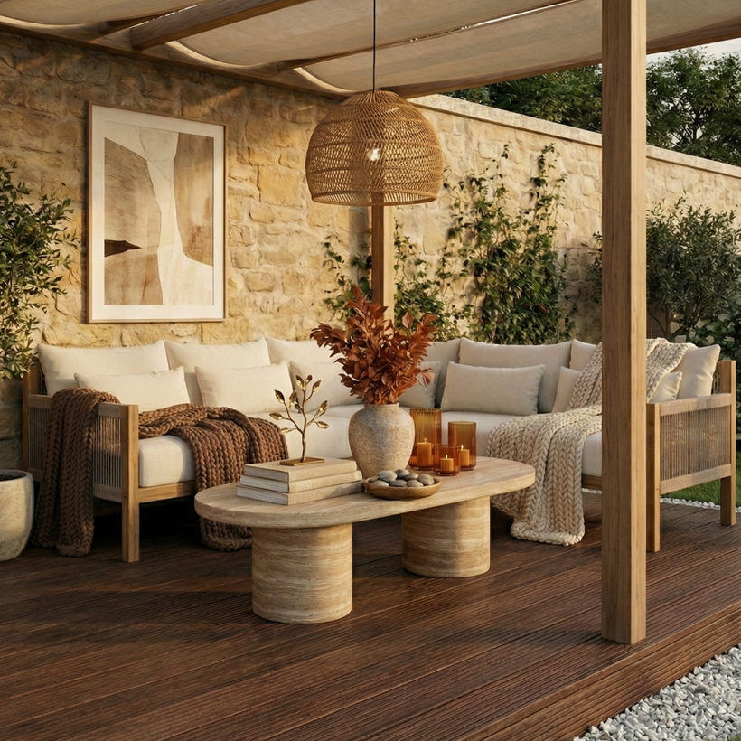 Outdoor patio seating area with a neutral-toned sofa, textured cushions and throws, a sculptural stone coffee table, woven pendant light, and greenery against a stone wall, creating a warm, modern Mediterranean-style setting.