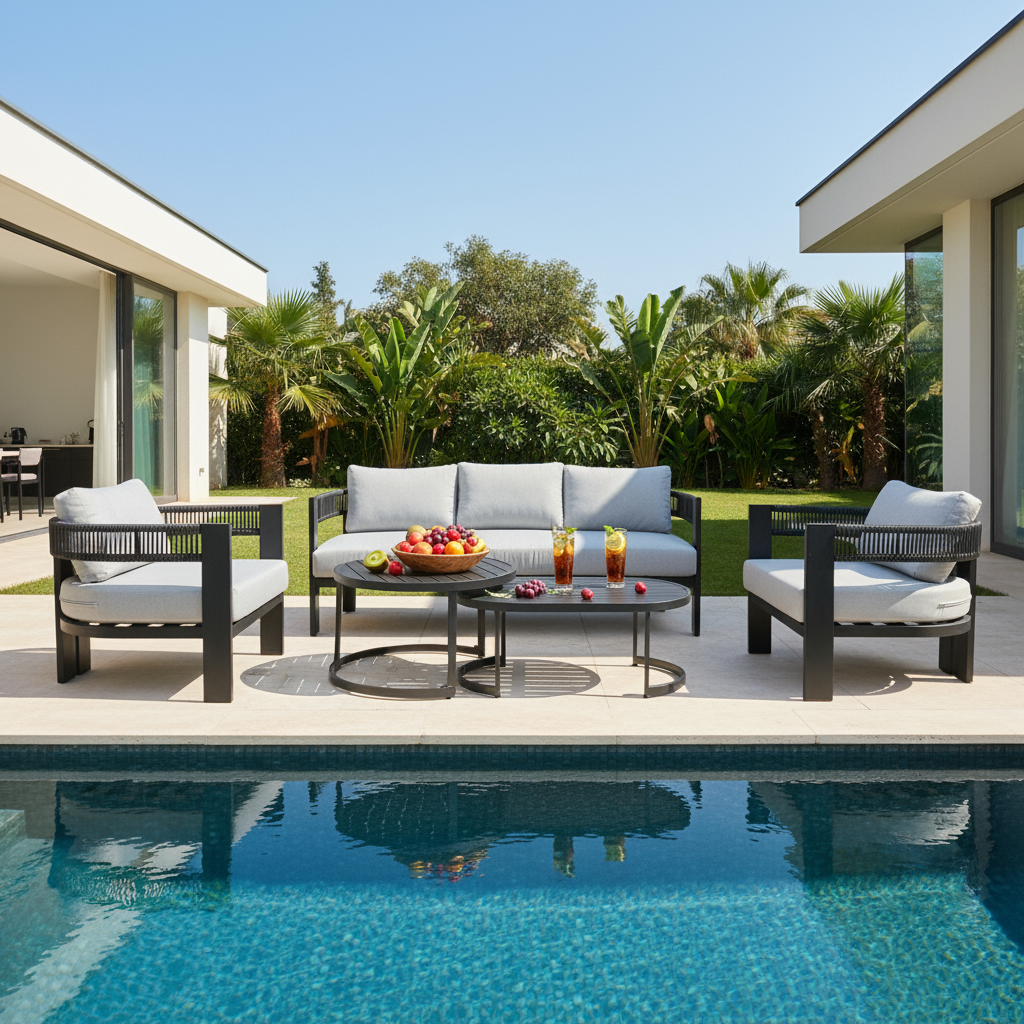 Sorrelle 5-Seater Curved Outdoor Sofa Set in Black, featuring light gray cushions, two armchairs, and two nesting coffee tables, elegantly arranged by a pool with tropical foliage in the background.