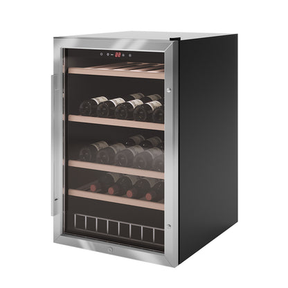 VinoVault C130 45 Bottle Single Zone Wine Fridge – Black, showcasing sleek design with beech wood shelves and a UV-tinted glass door, ideal for stylish underbench or freestanding wine storage.