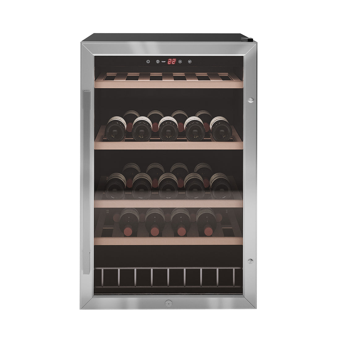 VinoVault C130 45 Bottle Single Zone Wine Fridge – Black, featuring a sleek black finish, close-up of a premium black bottle, precise design with dual-glass UV-tinted door, and beech wood shelving.