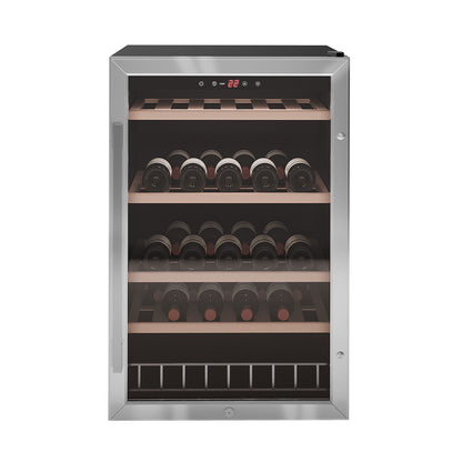 VinoVault C130 45 Bottle Single Zone Wine Fridge – Black, featuring a sleek black finish, close-up of a premium black bottle, precise design with dual-glass UV-tinted door, and beech wood shelving.