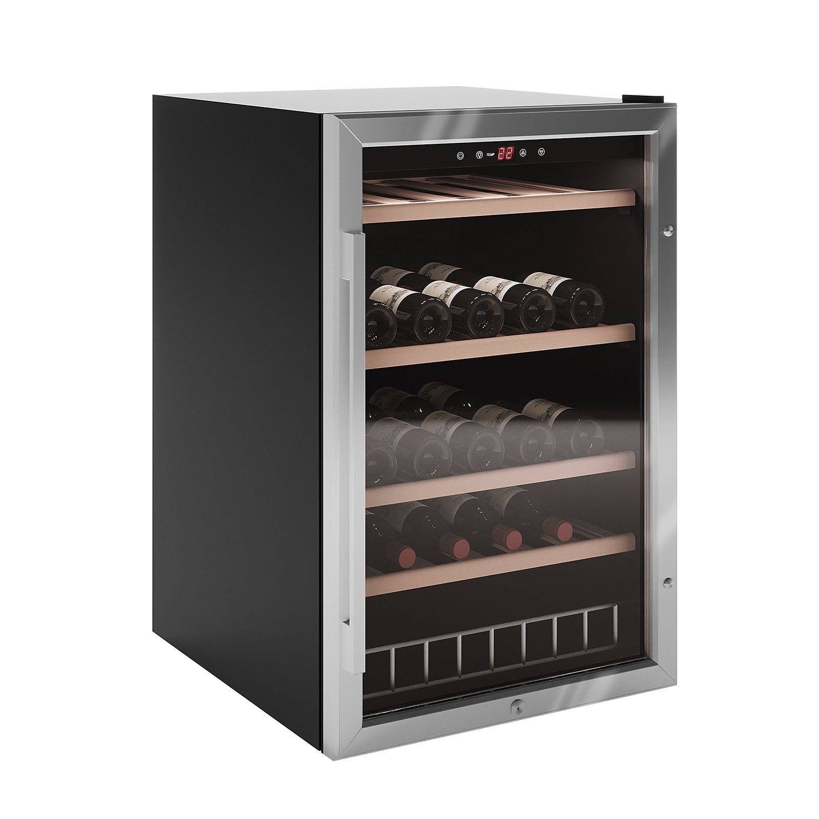 C130 45 Bottle Under Bench Wine Fridge in Black with glass-front door, showcasing wine bottles on wooden shelves and digital temperature display, featuring sleek stainless trim and matte black body for elegant storage.