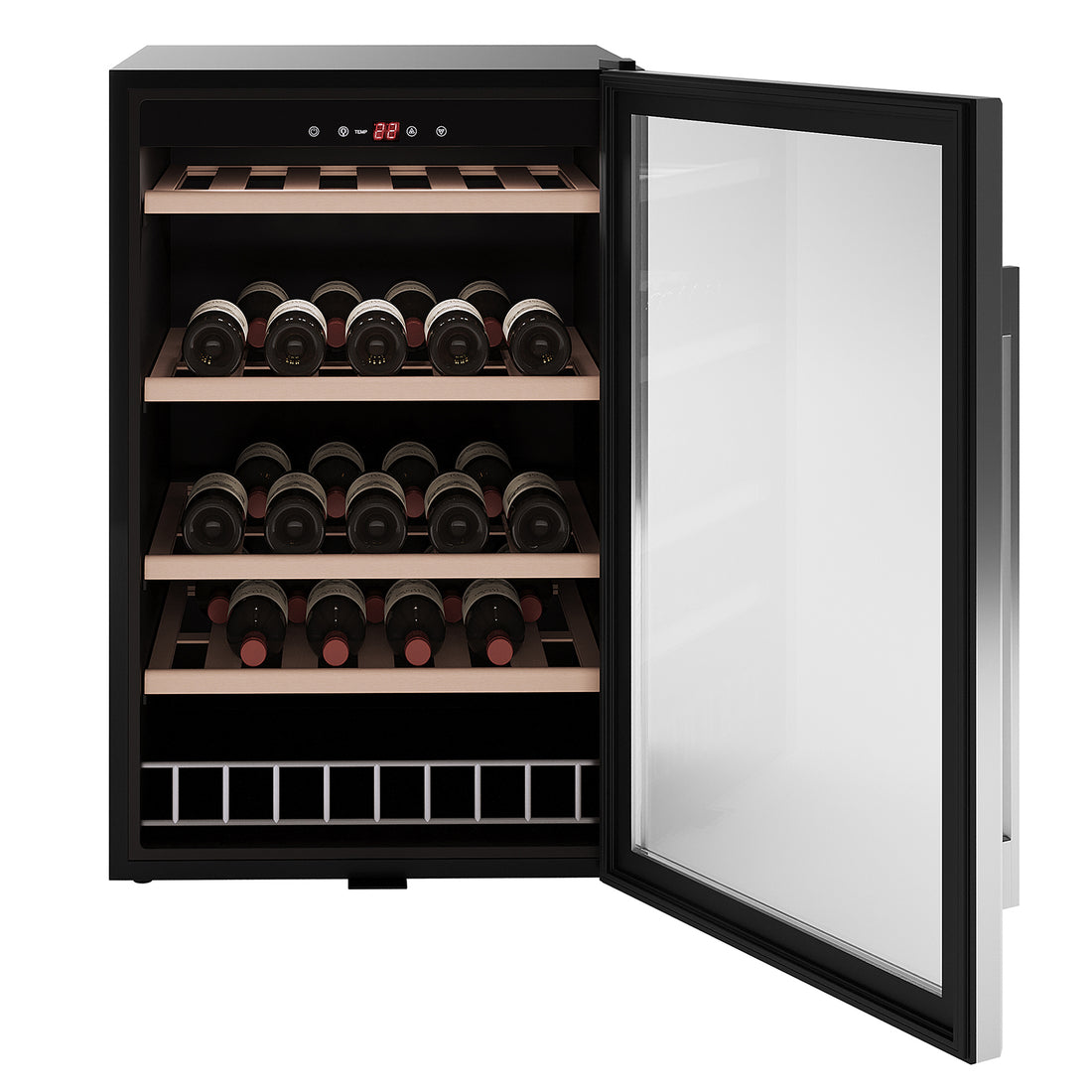 C130 45 Bottle Under Bench Wine Fridge in Black with open glass door, showcasing three wooden shelves and a lower metal rack full of wine bottles; features top digital temperature display.