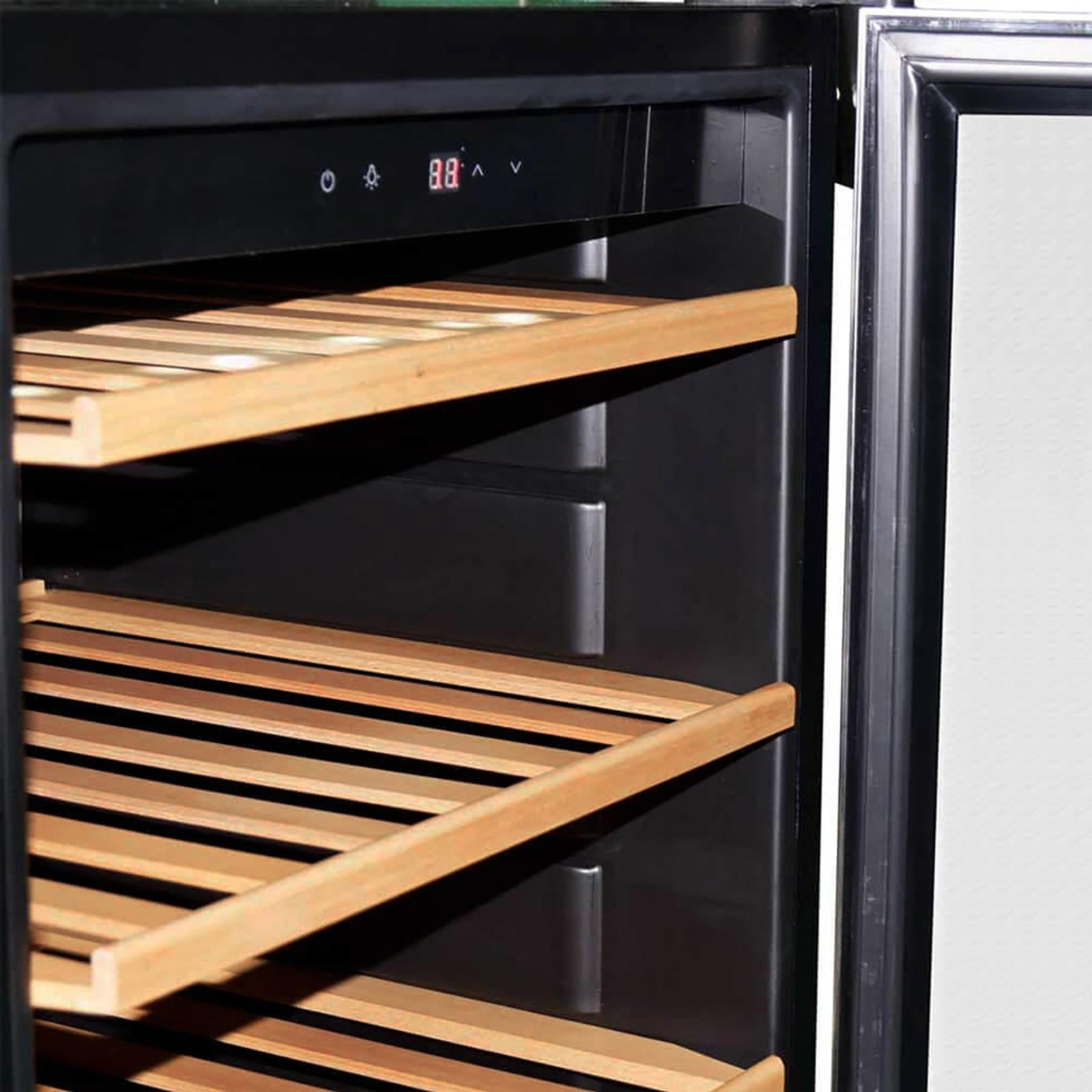 C130 45 Bottle Under Bench Wine Fridge in Black, showcasing black interior, digital temperature control panel, and slatted wooden shelves for wine storage within a sleek, freestanding design.