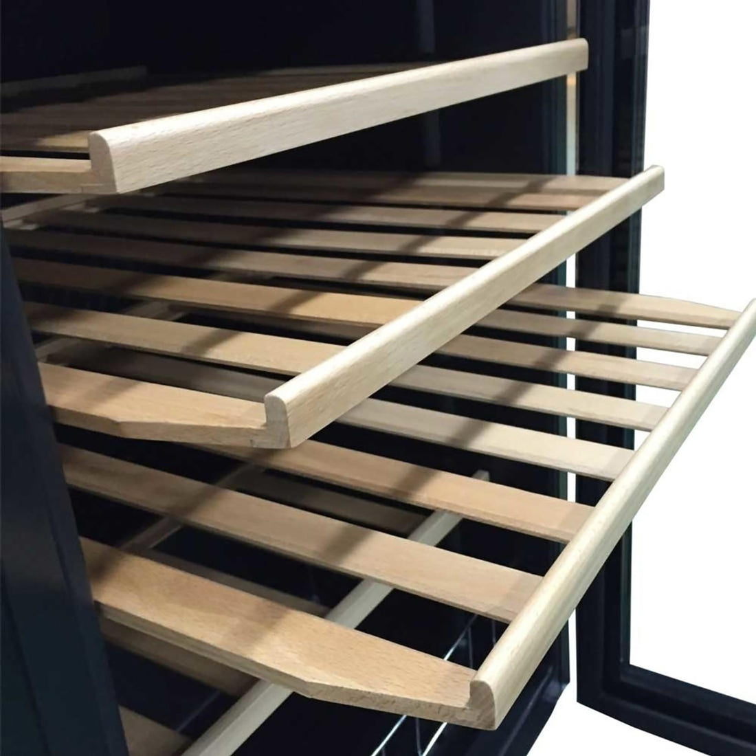 VinoVault C130 45 Bottle Single Zone Wine Fridge – Black, featuring a sleek design with premium beech wood shelves, dual-glass door, and touch control panel, perfect for stylishly storing and chilling wine.