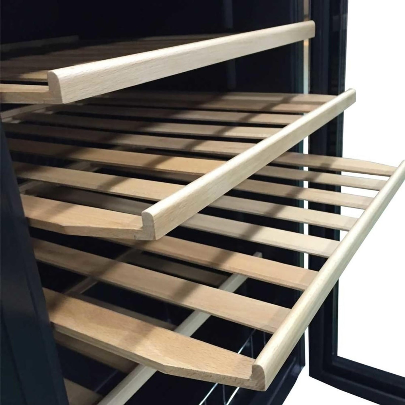 VinoVault C130 45 Bottle Single Zone Wine Fridge – Black, featuring a sleek design with premium beech wood shelves, dual-glass door, and touch control panel, perfect for stylishly storing and chilling wine.