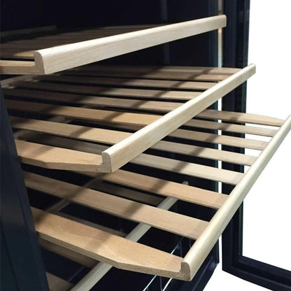 VinoVault C130 45 Bottle Single Zone Wine Fridge – Black, featuring a sleek design with premium beech wood shelves, dual-glass door, and touch control panel, perfect for stylishly storing and chilling wine.