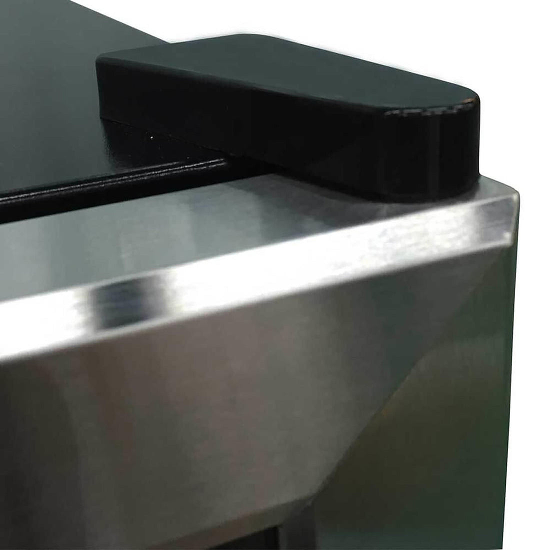 C130 45 Bottle Under Bench Wine Fridge in Black, featuring a sleek brushed stainless-steel edge with a black protective corner guard, embodying modern design and reliable wine storage.