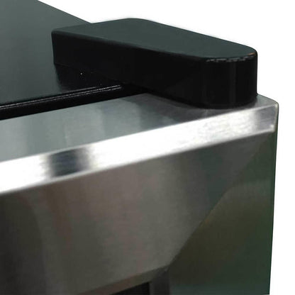 C130 45 Bottle Under Bench Wine Fridge in Black, featuring a sleek brushed stainless-steel edge with a black protective corner guard, embodying modern design and reliable wine storage.