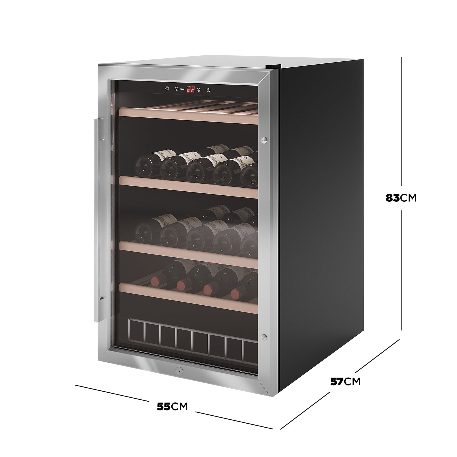 VinoVault C130 45 Bottle Single Zone Wine Fridge – Black, featuring a sleek design with black finish, beech wood shelving, and a dual-glass, UV-tinted door for optimal wine storage.