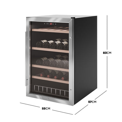 VinoVault C130 45 Bottle Single Zone Wine Fridge – Black, featuring a sleek design with black finish, beech wood shelving, and a dual-glass, UV-tinted door for optimal wine storage.