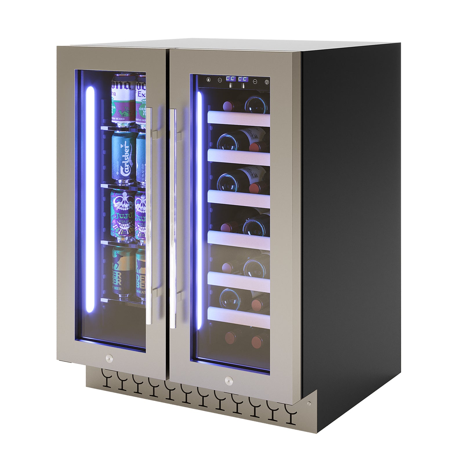 H140D 140L Dual Zone Wine Fridge with Chiller in Black features dual glass-front doors with stainless-steel trim, showcasing cans and wine bottles on illuminated shelves, plus a digital temperature display.