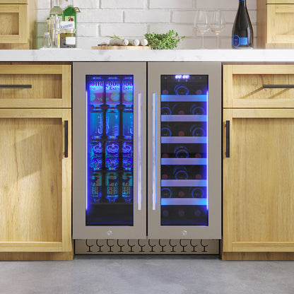 H140D 140L Dual Zone Wine Fridge with Chiller in Black, featuring dual glass doors displaying beer cans and wine bottles, built into light wood cabinetry beneath a white stone countertop with wine accessories.