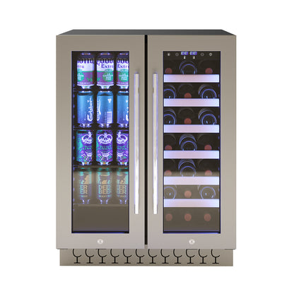 H140D 140L Dual Zone Wine Fridge with Chiller in Black features dual glass doors, left side with beer cans like Corona, right side with wine bottles, illuminated by blue LED lighting.
