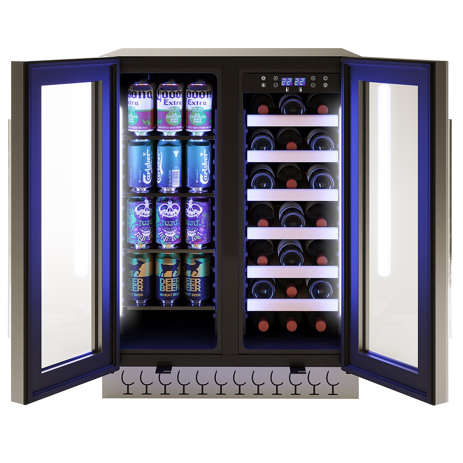 The H140D 140L Dual Zone Wine Fridge with Chiller in Black features open glass doors displaying canned beers on the left and wine bottles on the right, illuminated by blue LED lighting.