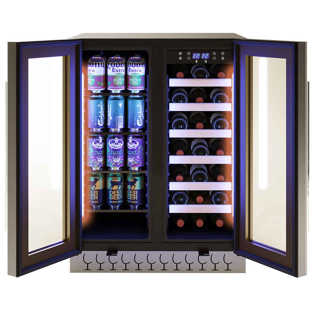 H140D 140L Dual Zone Wine Fridge with Chiller in Black, showcasing beer cans and wine bottles through glass doors, featuring dual temperature zones and a digital display for optimal storage.
