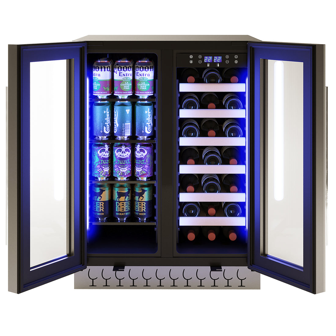 H140D 140L Dual Zone Wine Fridge with Chiller in Black, featuring open glass doors, blue LED lighting, beer cans on the left, wine bottles on pull-out shelves right, and a decorative grille below.