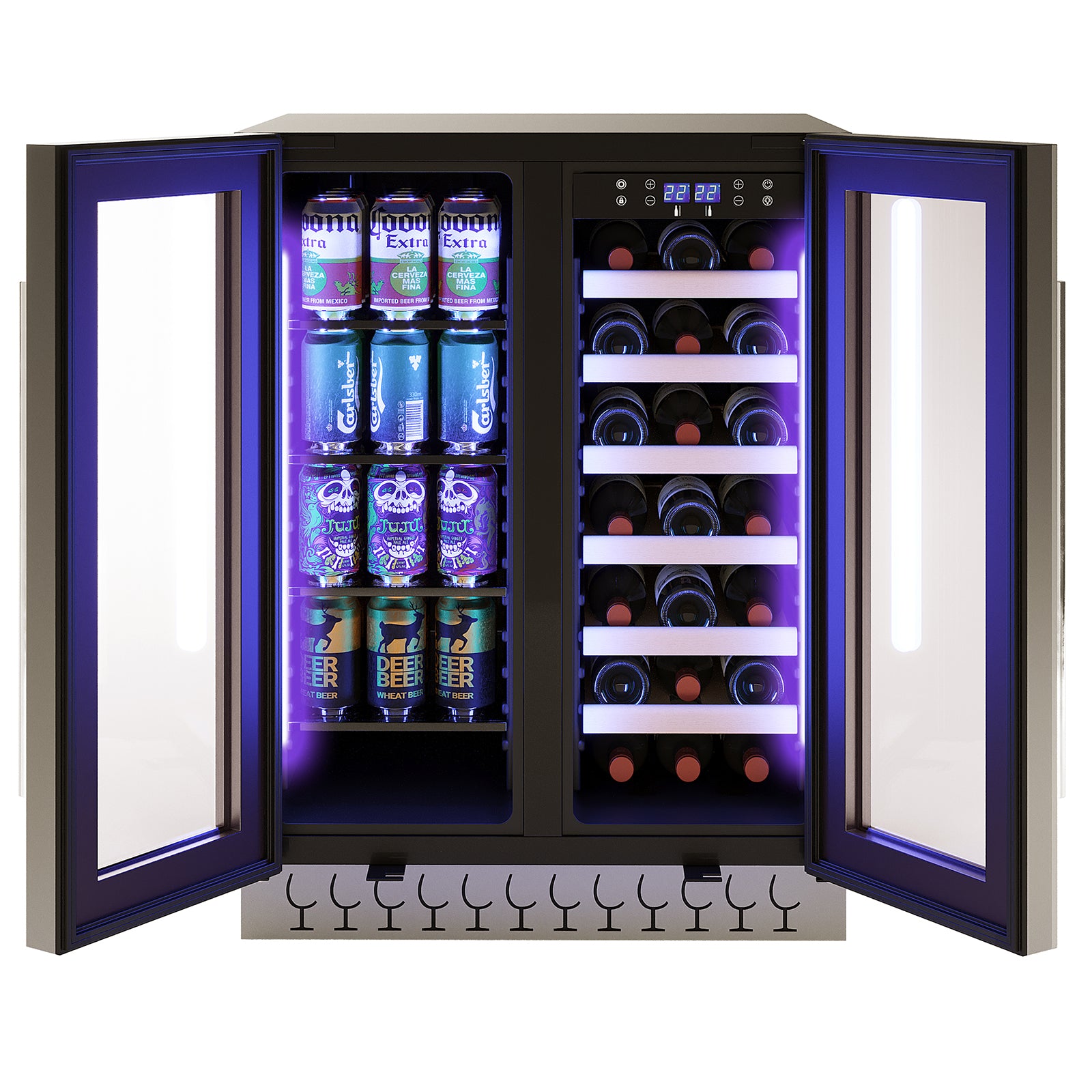H140D 140L Dual Zone Wine Fridge with Chiller in Black; open doors reveal canned beers on shelves, wine bottles on racks, digital display 22 22, and purple/blue LED lighting inside.