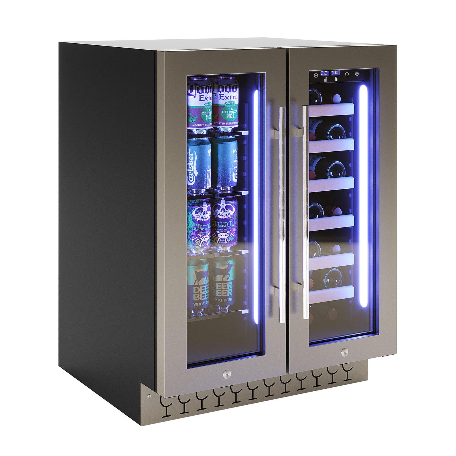 H140D 140L Dual Zone Wine Fridge with Chiller features dual glass doors showcasing canned drinks and wine bottles on LED-lit shelves, enclosed in stainless steel-trimmed design for organized, stylish storage.
