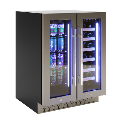 H140D 140L Dual Zone Wine Fridge with Chiller features dual glass doors showcasing canned drinks and wine bottles on LED-lit shelves, enclosed in stainless steel-trimmed design for organized, stylish storage.