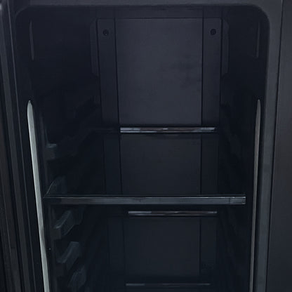 Interior of the H140D 140L Dual Zone Wine Fridge with Chiller in Black, showing the empty compartment with side rails and support bars, ready for wine and drink storage.