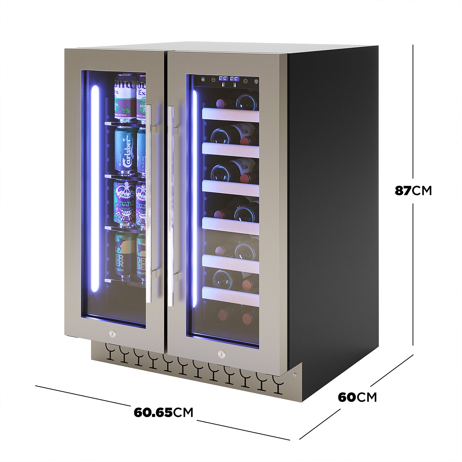 H140D 140L Dual Zone Wine Fridge with Chiller in Black, featuring dual glass doors; left for drinks with blue LED-lit shelves, right for wine on wooden slats, and decorative grille below.